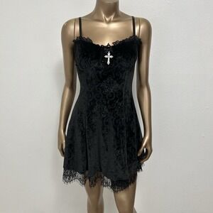 Gothic Lolita Witchy Widow Midnight Blind‎ Faith Black Velvet Sexy Mini Dress S